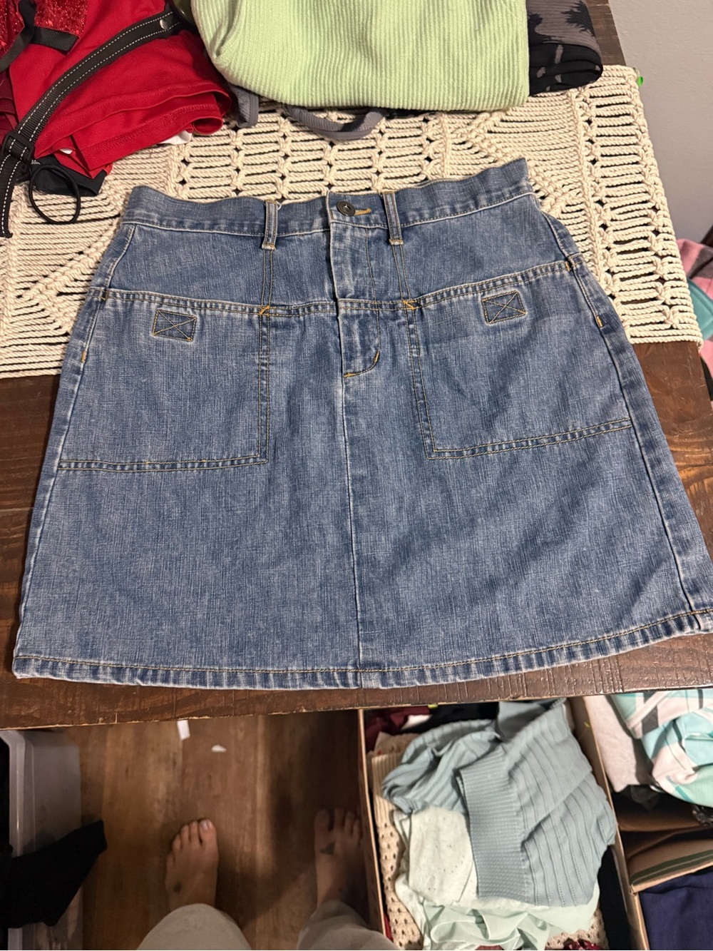Classic Blue Denim Skirt with Front Velcro Pockets